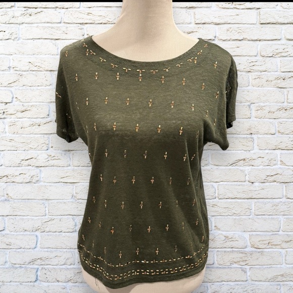 WHBM Olive Green Short Sleeve Linen Top with Gold bead Accents Size Small - Picture 1 of 6